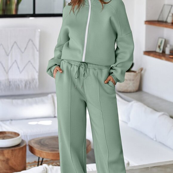 Clearly Aqua Drop Shoulder Zip Up Jacket Drawstring Pants Active 2pcs Set - Picture 3 of 6